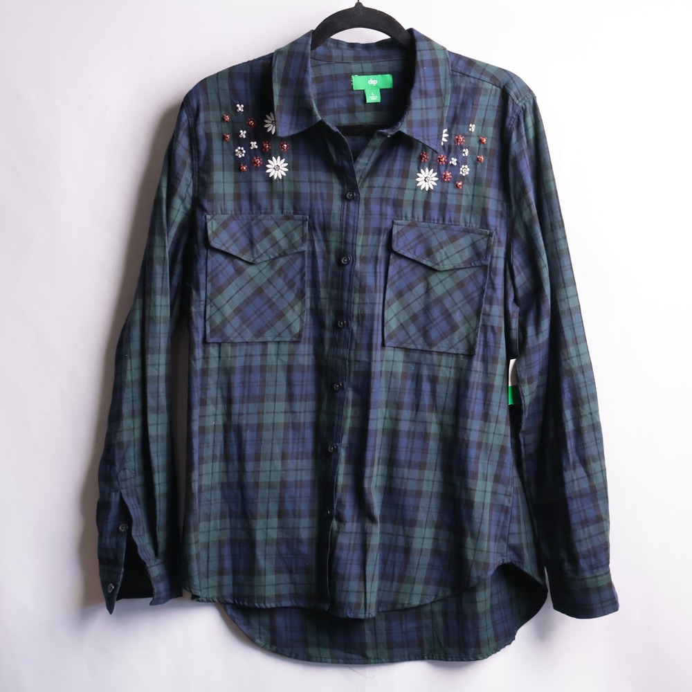 Green Blue Plaid Button Up Long Sleeve Top Embroidered Flowers Indie Sleeze‎ L